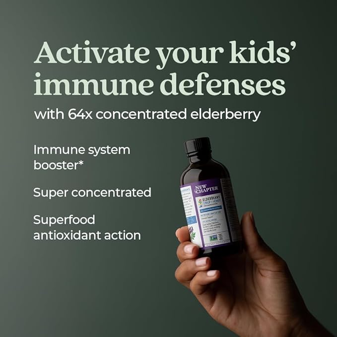 New Chapter Elderberry Kids Syrup, Advanced Immune Defense for Ages 2+, 64x Concentrated Elderberry, Sweetened with Throat-Soothing Grade A Honey, Non-GMO Project Verified, 4 Fl Ounce
