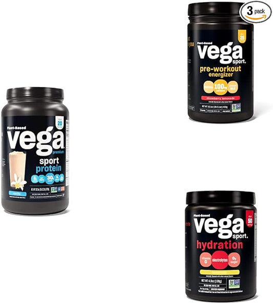 Vega Sport Routine Bundle - Premium Vanilla Protein Powder (20 Servings) Strawberry Lemonade Preworkout Energizer (25 Servings) and Lemonade Electrolyte Hydration (50 Servings)