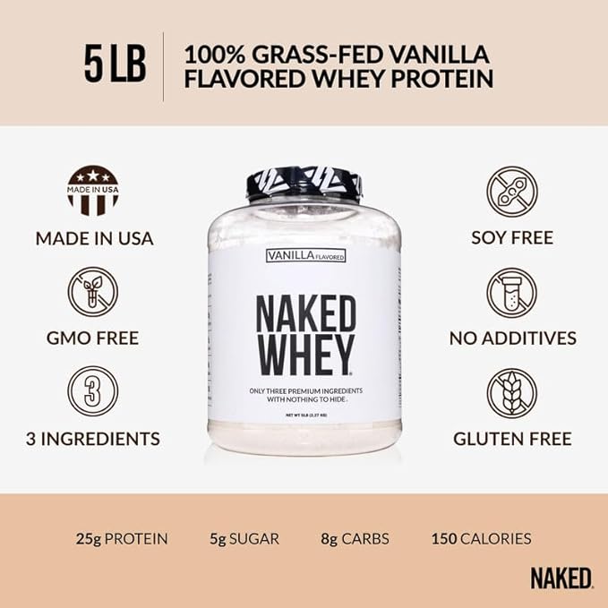 Naked Vanilla Whey Protein Powder - All Natural Grass Fed Whey Protein Powder, Vanilla Flavor, Organic Coconut Sugar, 5Lb Bulk, GMO-Free, Soy Free, Gluten Free - 61 Servings
