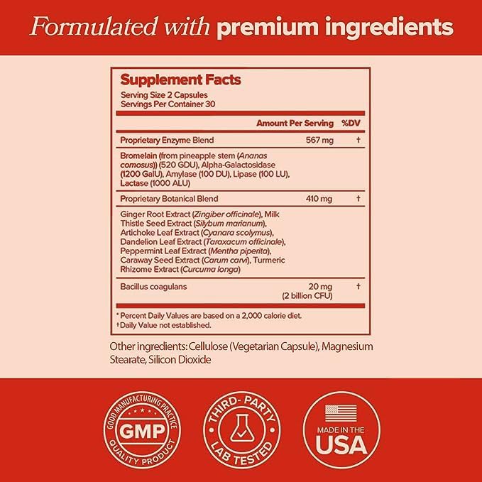 GOGO Bloating & Gas Digestive Relief - Digestive Enzymes for Bloating Relief & Water Retention Reduction - Gas Relief Supplements with Bromelain, Ginger Root, & Milk Thistle - 30 Servings (Pack of 1)