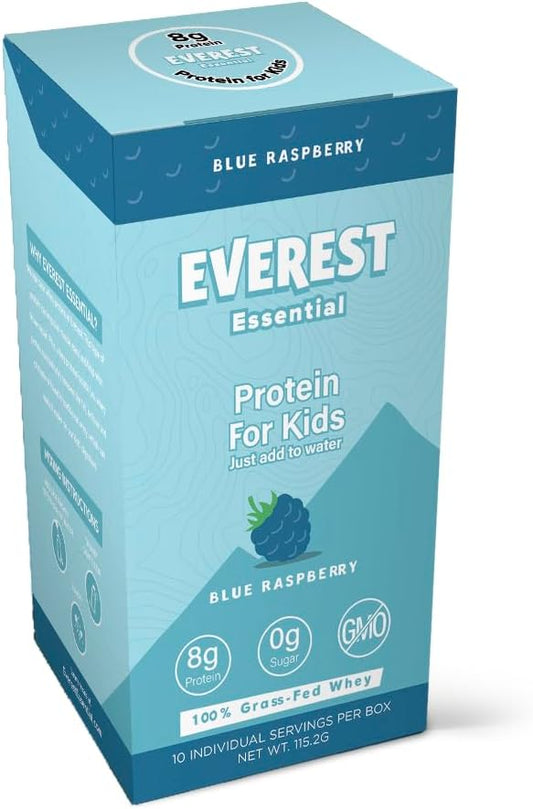 Kid's Clear Whey Protein Powder (Blue Raspberry, 10 Packets) Protein Drink Mix for Kids, Electrolytes for Kids, 8g Protein Per Serving, Non GMO, Zero Added Sugar