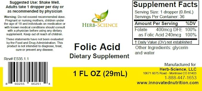 Liquid Vitamin B9 Folic Acid Supplements - VIT B Drops for Brain & Digestive Function, Liver Support - Gluten-Free, Non-GMO, Vegan - Nutritional Supplement for Adults - 1 fl. oz.