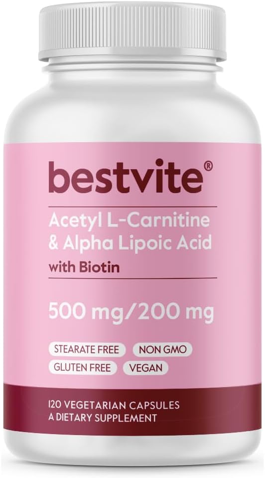 BESTVITE Acetyl L-Carnitine 500mg & Alpha Lipoic Acid 200mg per Capsule with Biotin (120 Vegetarian Capsules) - No Stearates - Vegan - Non GMO - Gluten Free