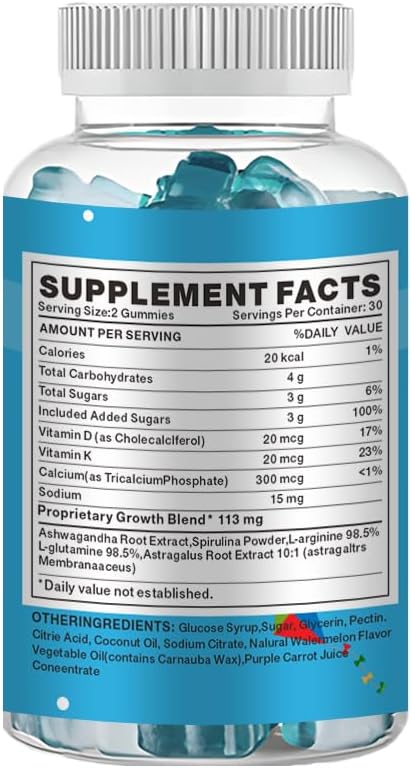 Height Growth Gummies for Kids & Teens – Enriched with Ashwagandha, Calcium, Vitamin D & K for Healthy Bone Development, Non-GMO, 60 Gummies, Ages 5+