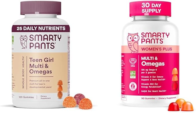 SmartyPants Women's and Teen Girl Multivitamin Gummies Bundle: Omega 3 (DHA/EPA), Methylfolate, CoQ10, Vitamin D3, C, Vitamin B12, B6, Vitamin A, K & Zinc, Gluten Free (30 Day Supply)