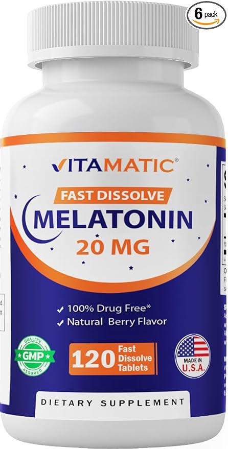 Vitamatic Melatonin 20 mg Tablets | Vegetarian, Non-GMO, Gluten Free | HIGH Potency 20 MG | Natural Berry Flavor (1/2 Tablets = Melatonin 10 mg) (120 Count (Pack of 6))