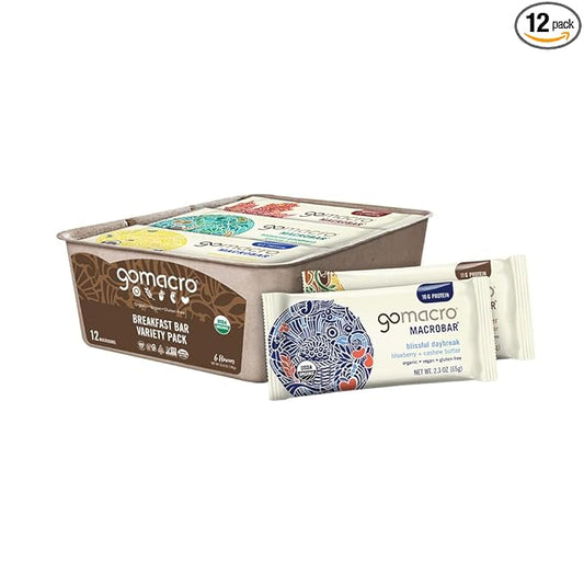 GoMacro MacroBar Organic Vegan Protein Bars - Breakfast Variety Pack (2.0-2.3 Ounce Bars, 12 Count)