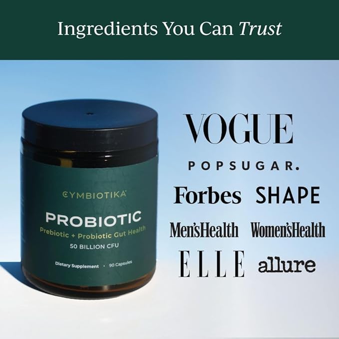 CYMBIOTIKA Probiotic + Prebiotic, 60 Billion CFU - 19 Strains, Gut Health Supplement for Women & Men, Immune Support, Digestive Health, & Gut Balance, 90 Capsules, 1 Month Supply, Made in USA