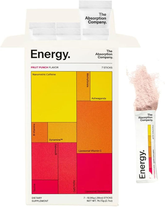 Energy Drink Powder Mix Packets - Clean Energy Booster for Fatigue with 150mg Natural Caffeine Powder and Liposomal Immune Support - Fruit Punch Flavor 7 Sticks
