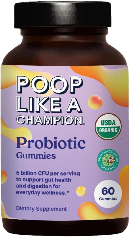 Poop Like a Champion Probiotic Gummies for Adults – USDA Organic, Vegan, Non-GMO, Digestive Health Support, 60 Gummies