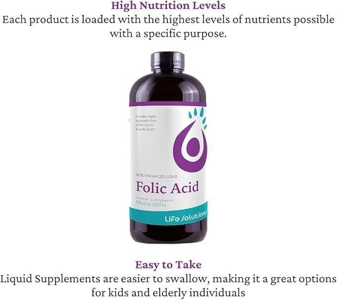 Liquid Folic Acid Supplement – 800 mcg Vitamin B9 per Serving – Berry Flavor, 8 fl oz – Fast Absorption, Prenatal, Heart & Brain Support