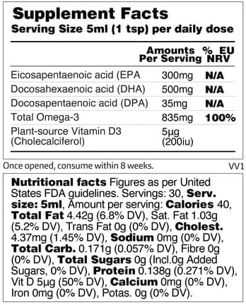 Vegan Omega 3 Liquid, from Microalgae, 800mg of EPA DHA, with Vitamin D3, Supports Heart, Brain and Eye Health, Natural Fish Oil Alternative, UK Made, Unflavoured