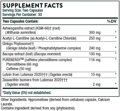 THORNE Memoractiv - Nootropic Brain Supplement for Focus, Creativity, and Concentration - Ashwagandha, Ginkgo, Lutemax, Bacopa, Pterostilbene - Gluten-Free, Dairy-Free* - 60 Capsules - 30 Servings