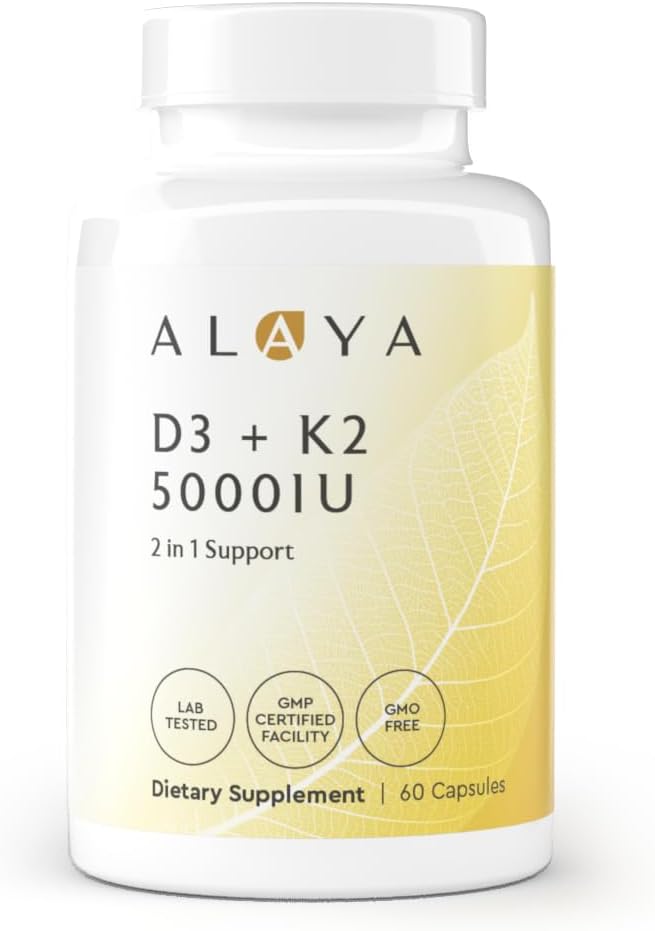 Alaya Naturals Vitamin D3 K2 Supplement – 5000 IU D3, 50 mcg K1, 15 mcg K2 MK-7 – High Absorption Capsules for Bone & Immune Support, Non-GMO, Vegetarian Capsules 60 Count
