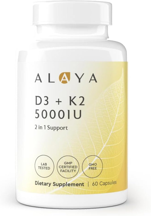 Alaya Naturals Vitamin D3 K2 Supplement – 5000 IU D3, 50 mcg K1, 15 mcg K2 MK-7 – High Absorption Capsules for Bone & Immune Support, Non-GMO, Vegetarian Capsules 60 Count