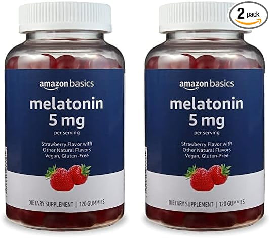 Amazon Basics Melatonin 5mg, 120 Gummies (2 per Serving), Strawberry (Previously Solimo) (Pack of 2)