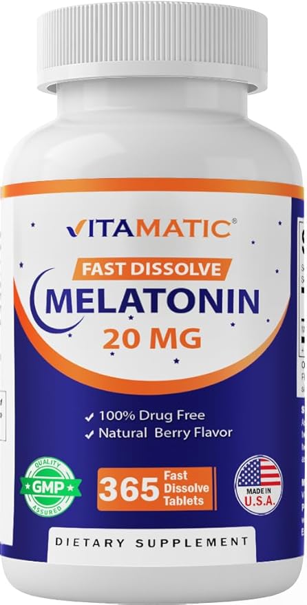 Vitamatic Melatonin 20 mg Tablets | Vegetarian, Non-GMO, Gluten Free | 1 Year Supply | Natural Berry Flavor - 365 Tablets