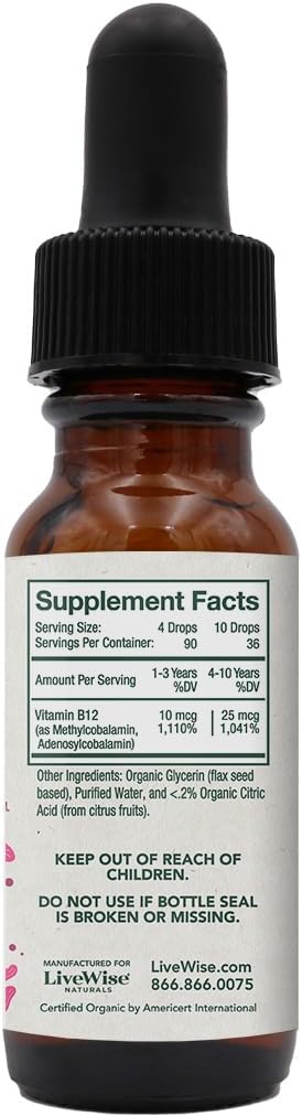 Vitamin B12 Liquid Drops for Kids | Toddlers and Children I Methycobalamin and Adenosylcobalamin | USDA Organic I Vegan | Non-GMO | Gluten Free | Low Dose
