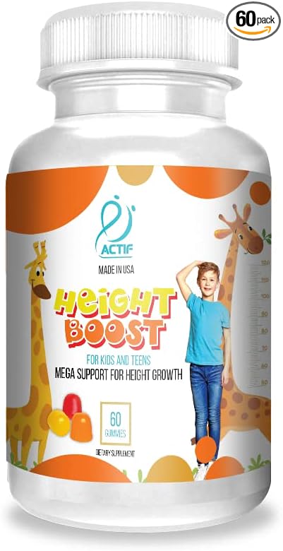 Actif Height Boost Mega Support for Height Growth with 10+ Factors, Height Supplement for Kids and Teens, 60 Gummies, Strawberry Flavor, Get Tall Fast Formula