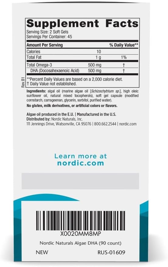 Nordic Naturals Algae DHA - 90 Soft Gels - 500 mg Omega-3 DHA - Certified Vegan Algae Oil - Plant-Based DHA - Brain, Eye & Nervous System Support - Non-GMO - 45 Servings