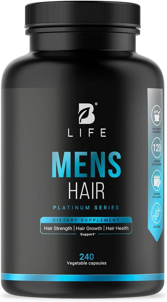 Men's Hair Supplement with Biotin, Selenium, Zinc, Collagen, Vitamins A, C, E, B5 and D3 | 240 Caps - 120 Days | Hair Growth and Strength | Made in USA by B Life.