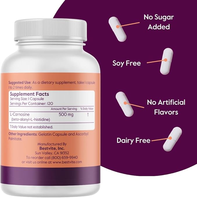 BESTVITE L-Carnosine 500mg (240 Capsules) (120x2) No Fillers - No Stearates - Non GMO - Gluten Free