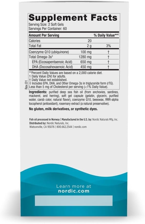 Nordic Naturals Ultimate Omega + CoQ10, Lemon - 120 Soft Gels - 1280 mg Omega-3 + 100 mg CoQ10 - Heart Health, Cellular Energy, Antioxidant Support - Non-GMO - 60 Servings
