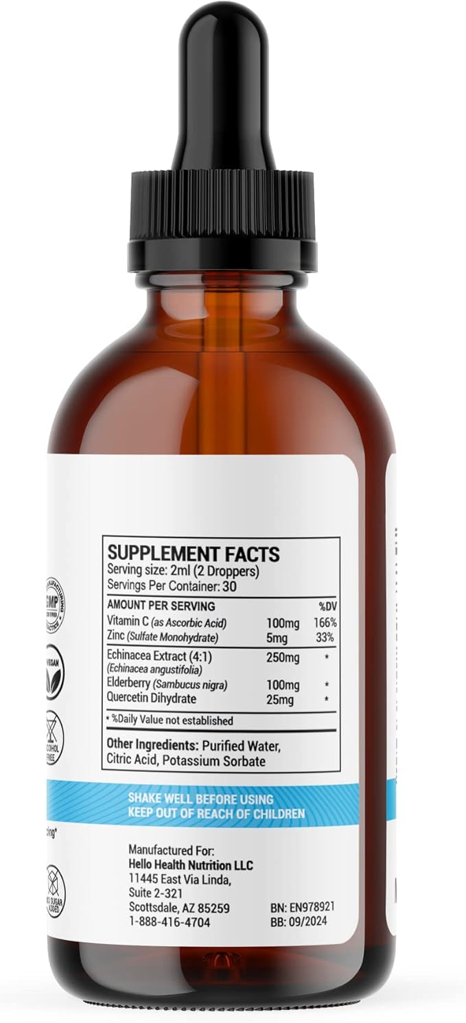 Immune Support Liquid Drops Daily 5-In-1 Immunity Vitamins – Liquid Immune Support Supplement: Quercetin, Echinacea, Elderberry with Zinc and Vitamin C for Adults Immune System Booster – 30 Day Supply