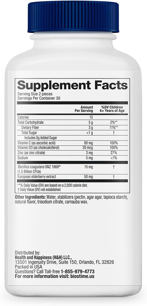 Biostime Kids immune support gummies|(Ages 4+) | Includes Vitamins D&C + Zinc & Probiotics | No Added Sugar |Kids Immune Defense Fruity Bites | Free from top 9 allergens | 60 Count