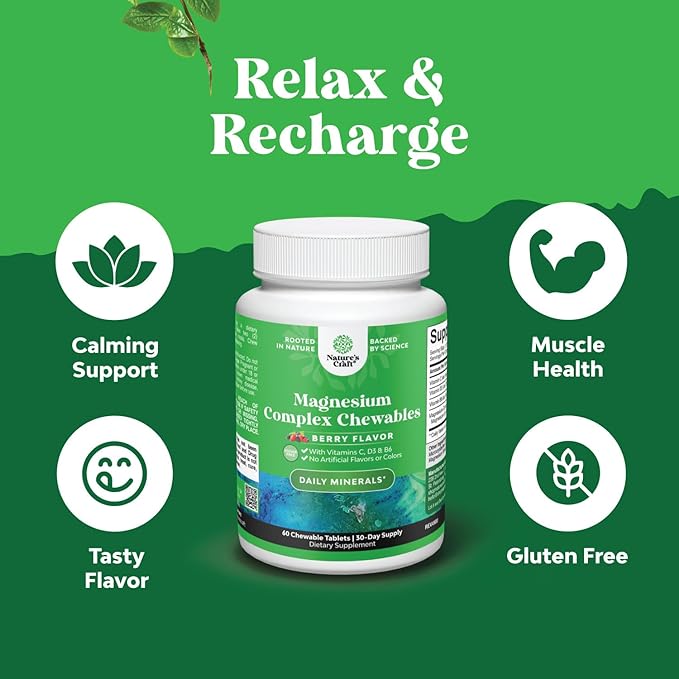 Sugar Free Magnesium Glycinate Chewable - Chewable Magnesium for Adults & Kids with Glycinate Taurate & Citrate Complex Plus Vitamins D3 B6 & C - Vegetarian Non-GMO & No Artificial Flavors (30 Day)