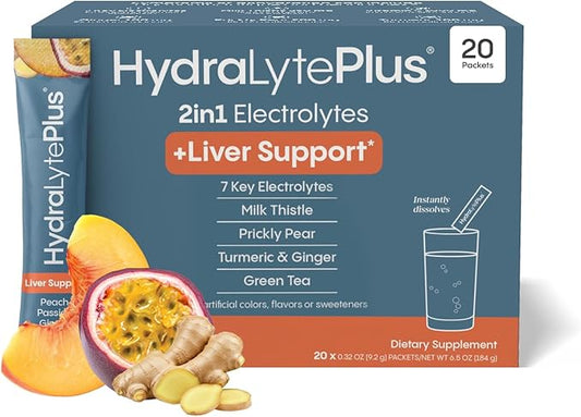 Hydralyte Liver Support + Electrolyte Mix with Milk Thistle, Turmeric, Ginger, Prickly Pear, Green Tea Extract Formulated for Rapid Rehydration (Peach Passion Ginger, 20 Packets)