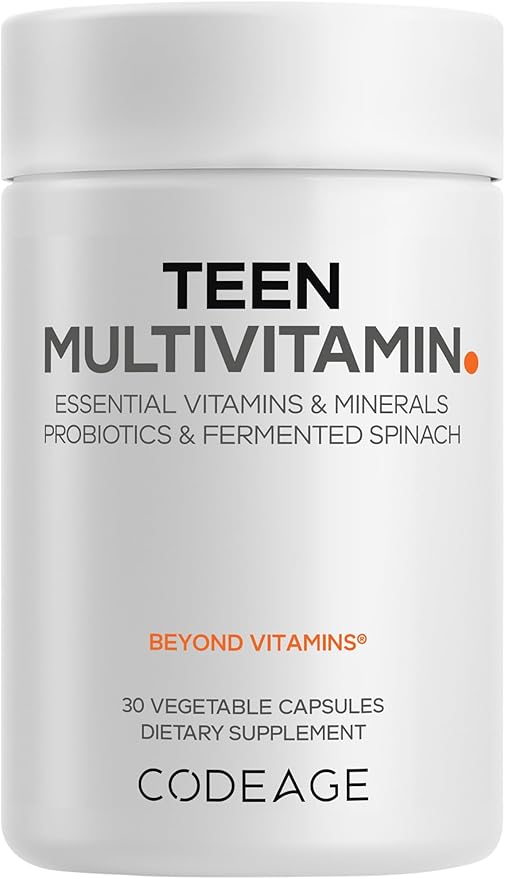 Codeage Teen Multivitamin - Vitamins A, C, D3, B6, B12, Folate, Zinc, Magnesium, Iron, Probiotics, Fermented Spinach - Multivitamins for Teenage Boys and Girls - Non-GMO, Gluten-Free - 30 Capsules