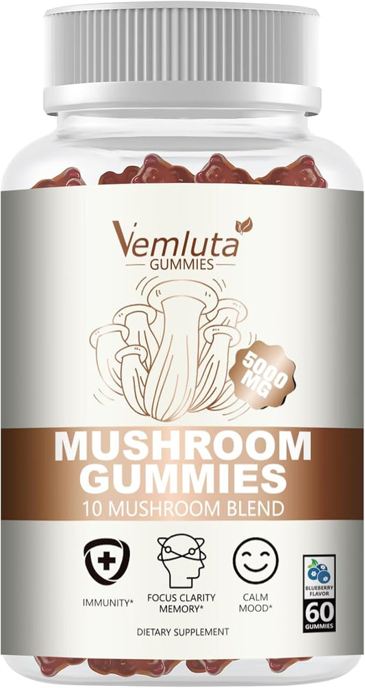 1 Pack 5000MG Mushroom Gummies -10 Blend Organic Mushroom Supplement containing Lion's Mane and Reishi for Brain and Immune Boosting, Vegan Blueberry Flavor, Non-GMO, 60 Counts