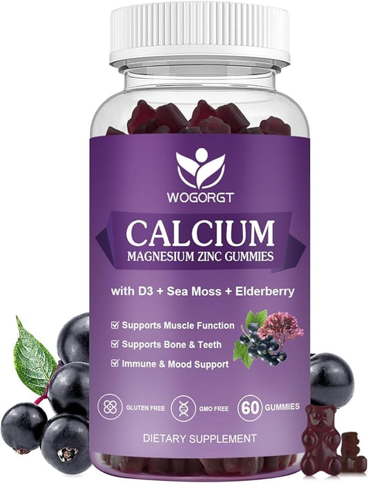 Calcium Magnesium Zinc Gummies with Vitamin D3 - High Absorption Complex Calcium Supplement with Sea Moss, Elderberry for Bone, Muscles, Immune, Mood & Sleep Support, Vegan - 60 Gummies