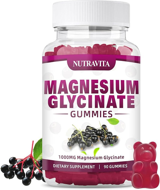 Magnesium Glycinate Gummies 1000mg with Magnesium L-Threonate,Chelated Magnesium Potassium Complex Supplement with VitD, B6, CoQ10, Calcium,Supports for Memory, Calm, Mood - 90 Elderberry Gummies