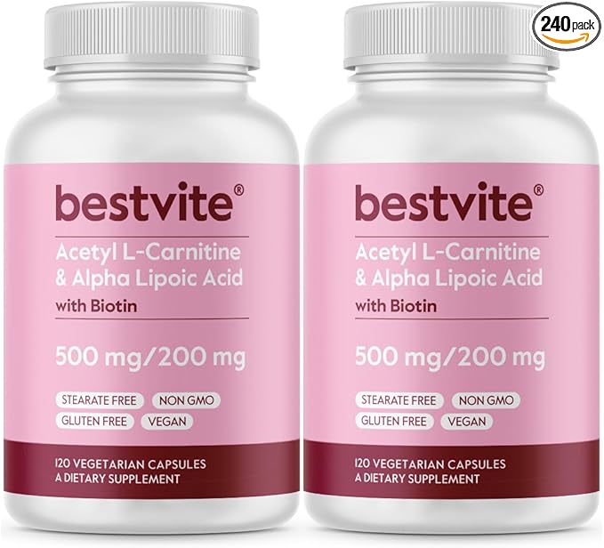BESTVITE Acetyl L-Carnitine 500mg & Alpha Lipoic Acid 200mg per Capsule with Biotin (240 Vegetarian Capsules) (120 x 2) - No Stearates - Vegan - Non GMO - Gluten Free