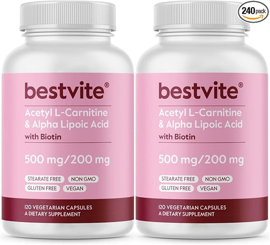 BESTVITE Acetyl L-Carnitine 500mg & Alpha Lipoic Acid 200mg per Capsule with Biotin (240 Vegetarian Capsules) (120 x 2) - No Stearates - Vegan - Non GMO - Gluten Free
