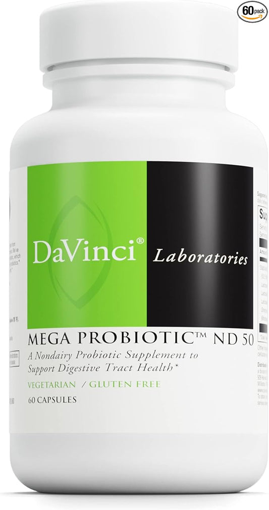 DaVinci Labs Mega Probiotic ND 50 - Non-Dairy Probiotic Supplement with Prebiotic Fiber - Digestive & Immune Health Support* - Gut Support with Beneficial Bacteria* - 60 Vegetarian Capsules