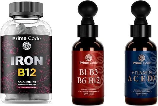 Prime Code Iron Gummies for Women & Men with Vitamin B12, Liquid Vitamin B1 Drops with Vitamin B3 B6 & B12, Liquid Vitamin A Supplement for Women & Men with Vitamin C E and D3