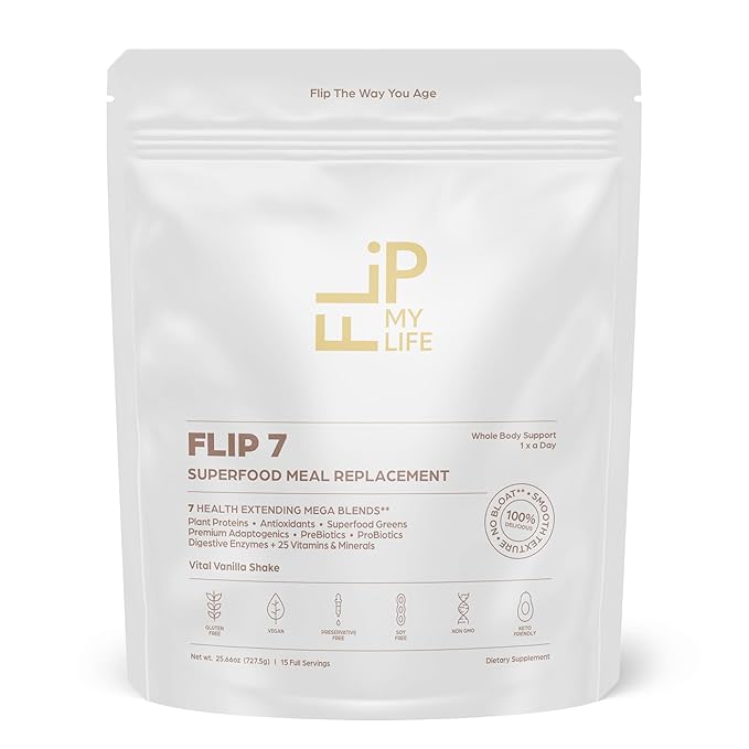 Flip 7 Natural SuperFood, Plant-Based Protein, Complete Meal Replacement to Support Healthy Gut, 7 Mega Nutrient Rich Blends all in one to AGE BETTER - Vanilla