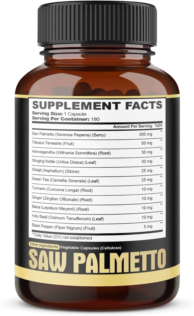 11in1 Saw Palmetto Capsules with Ashwagandha, Turmeric, Tribulus, Maca, Green Tea, Ginger, Holy Basil & More - Healthy Prostate & Hair Support - 180 Count 6-Month Supply