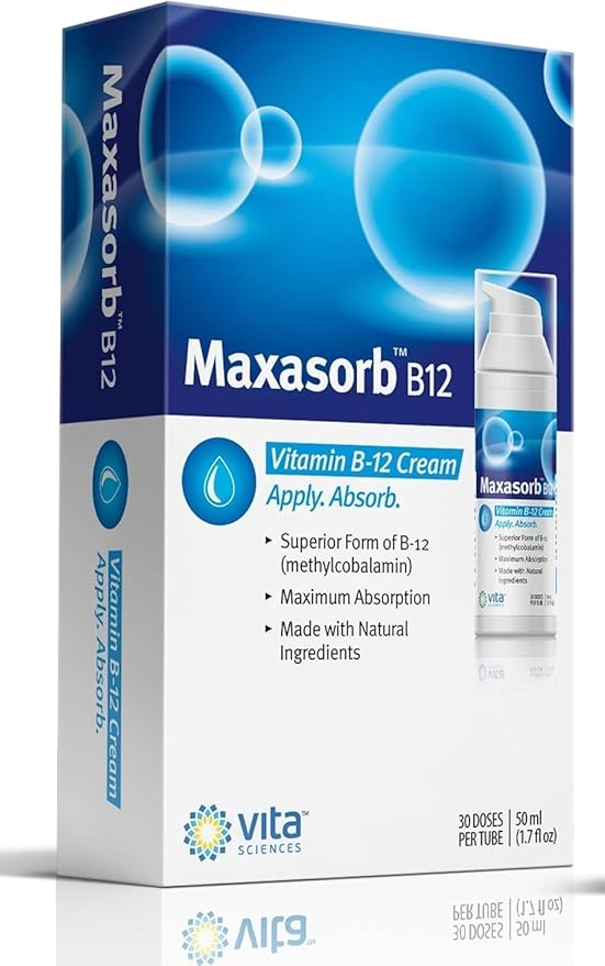 Vita Sciences Maxasorb B12 Vitamin B-12 Cream 1000 mcg: Powerful Topical Methylcobalamin for Energy, Health, and Glowing Skin - Pack of 6