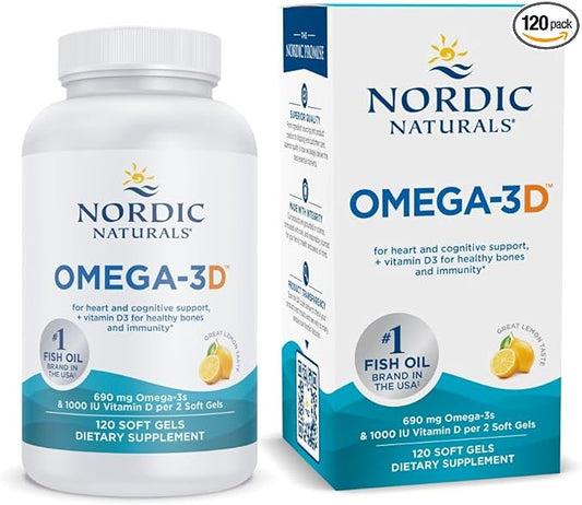 Nordic Naturals Omega-3D, Lemon Flavor - 120 Soft Gels - 690 mg Omega-3 + 1000 IU Vitamin D3 - Fish Oil - EPA & DHA - Immune Support, Brain & Heart Health, Healthy Bones - Non-GMO - 60 Servings
