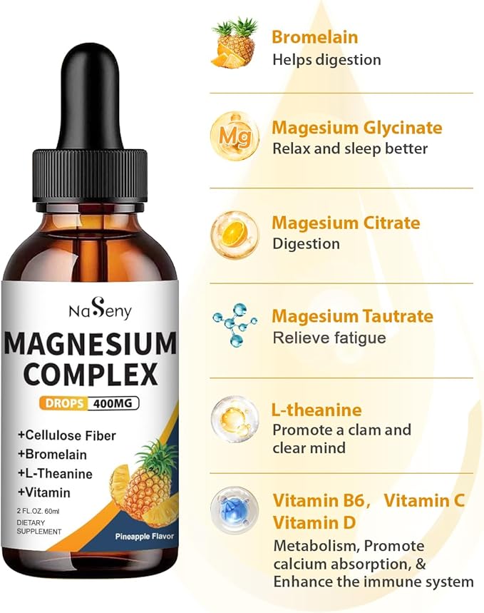 Liquid Magnesium Glycinate - 400mg Magnesium Complex Drops Easier to Swallow Than Pills,Daily Supplements with VitaminB C D for Bone Health,Relaxtion and Sleep (2 Fl Oz/1PCS)