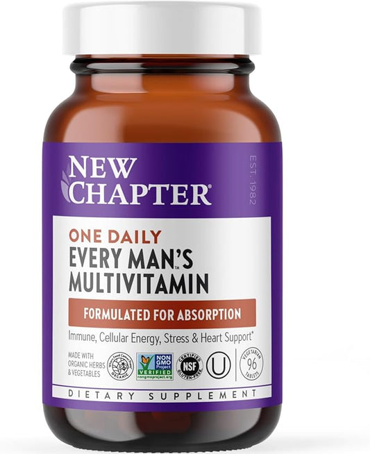 New Chapter Men's Multivitamin for Immune, Stress, Heart + Energy Support with Fermented Nutrients - Every Man's One Daily, Made with Organic Vegetables & Herbs, Non-GMO, Gluten Free - 96 ct