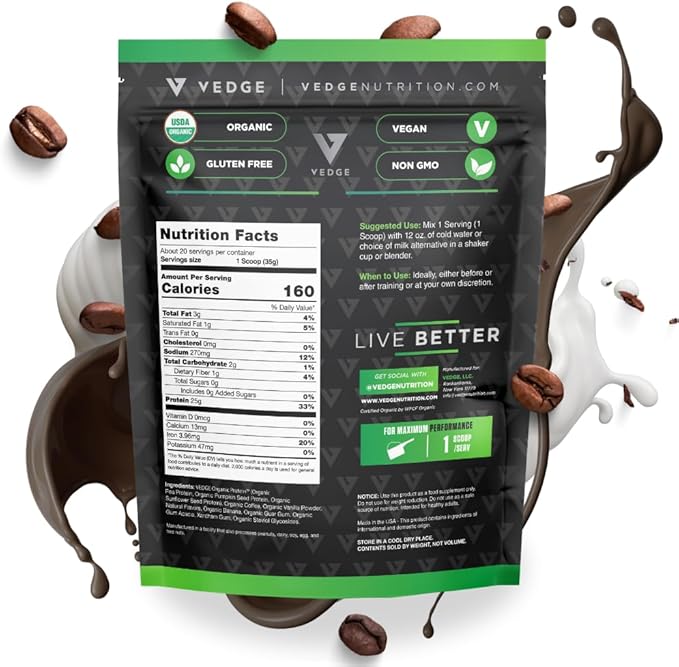 vedge Certified Organic Plant Protein Cold Brew Latte (20 Servings) - Plant-Based Vegan Protein Powder, USDA Organic, Gluten Free, Non Dairy Nutrition Plant Protein