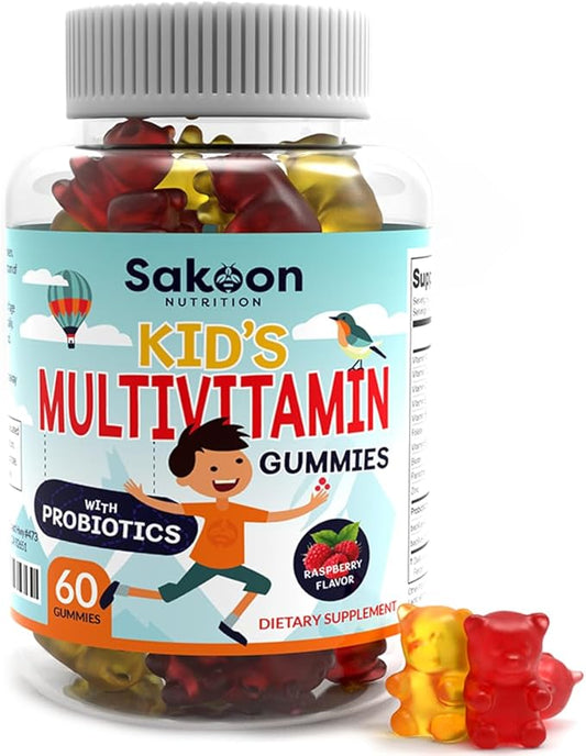 Sakoon nutrition Kids Multivitamin Gummies with Probiotics, 60 Count Raspberry Flavor| Vegetarian, Non-GMO, Gluten Free, Halal Children's Supplement
