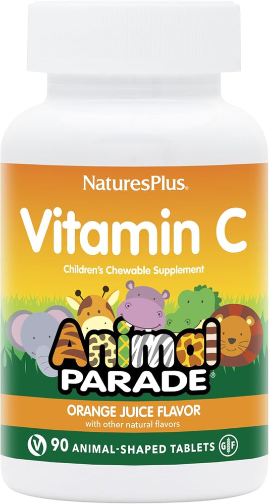 Natures Plus Animal Parade Vitamin C Children's Chewable - Natural Orange Juice Flavor - 90 Animal-Shaped Tablets - Vegan, Vegetarian, Gluten Free - 45 Servings
