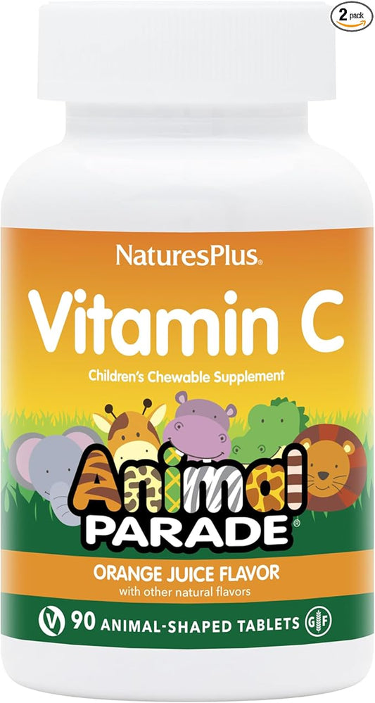 NaturesPlus Animal Parade Vitamin C Children's Chewable - Natural Orange Juice Flavor - 90 Animal-Shaped Tablets, Pack of 2 - Vegan, Vegetarian, Gluten Free - 90 Total Servings