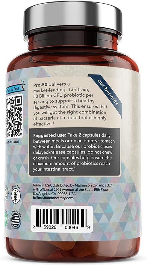 Vitamin Bounty Pro-50 Probiotic - 50 Billion Organisms and 13 Probiotic Strains that Promote Gut Health, Digestive Health Probiotic, Delayed Release Capsule with Prebiotic Greens - 60 Capsules, 2 Pack